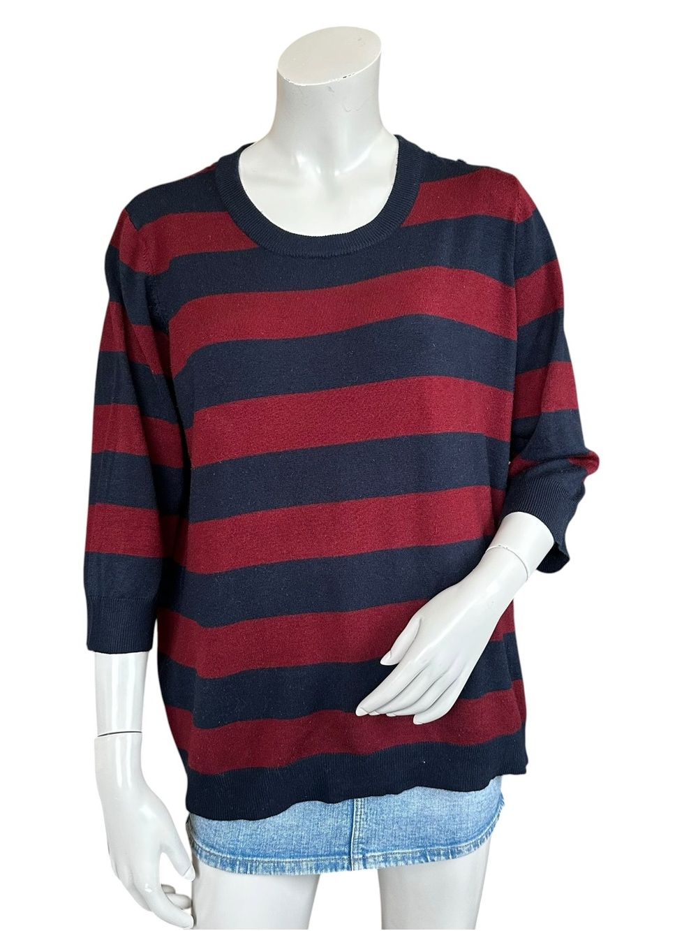 ModCloth Burgundy & Navy Blue High Neck Striped 3/4 Sleeve Sweater Size 1X
